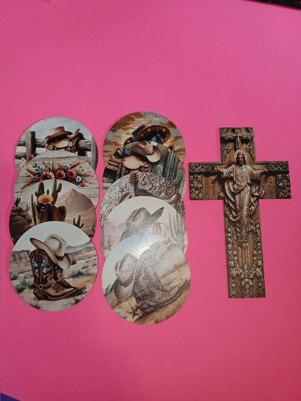 Western Cowboy Coaster Set with Religious Cross